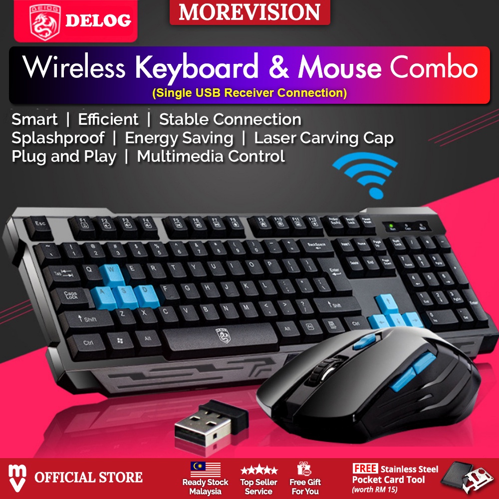Delog V60 Wireless Keyboard Mouse Set Combo Office Gaming USB Full Size Multimedia Laptop PC Home No