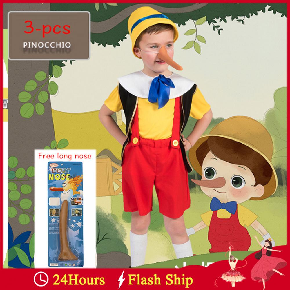 Pinocchio Costume For Kids Boy Halloween Birthday Party Clothes Cartoon Cosplay Costume Hat Nose Set