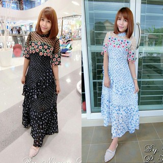 (6393) Maxi Dress แม็กซี่เดรสคอปีนลายดอกไม้