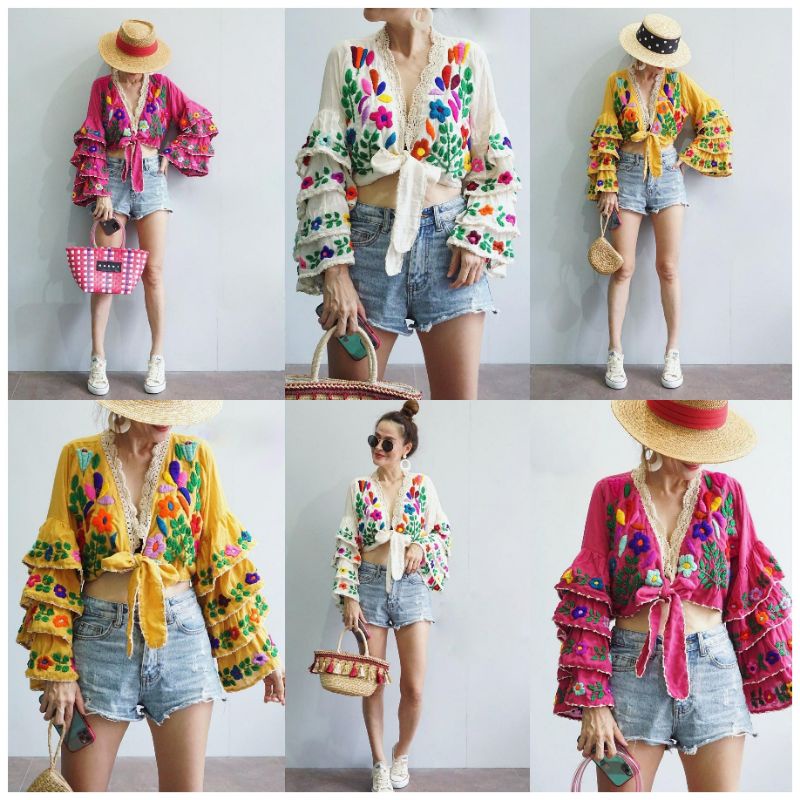 ❌พร้อมส่ง❌ BOHOBKK HANDMADE CROP TOPS เสื้อครอป เสื้อใส่เที่ยวเชียงใหม่ เสื้อปักมือ เสื้อปักลายดอกไม