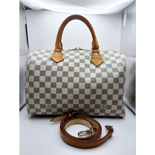 ♨️Louis Vuitton Speedy 30 Damier Azur Canvas Bag กระเป๋า หลุยส์ สะพายข้าง ดามิเย่ สปีดี้ 30 มีเลข หนังแท้ 💯 %  มือสอง