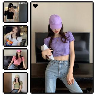 พร้อมส่ง เสื้อเชิ้ต  เสื้อยืด Crop Top  ฤดูร้อนถักแน่นกระชับผู้หญิงแขนสั้นเสื้อยืด