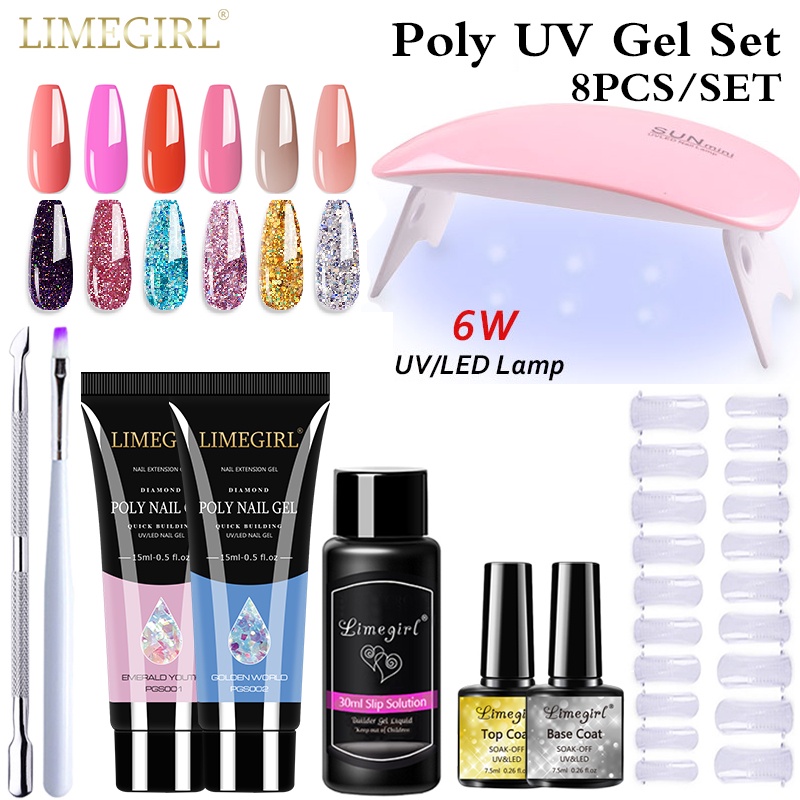Limegirl ชุดต่อเล็บเจล โพลีเจล กลิตเตอร์ UV LED ขนาด 15 มล. สําหรับตกแต่งเล็บ