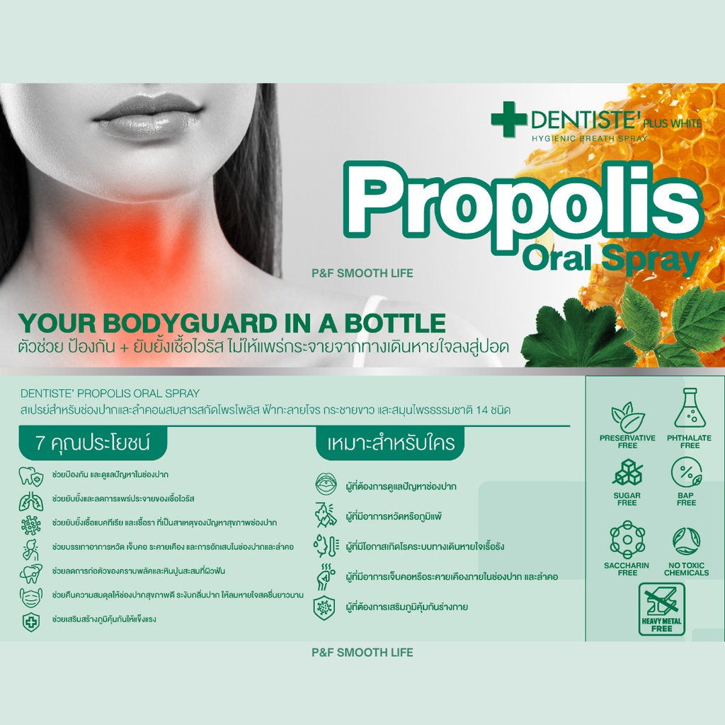 DENTISTE PROPOLIS ORAL SPRAY เดนทิสเต้ โพรโพลิส ออรัล สเปรย์ 20 ML บรรเทาอาการเจ็บคอ ลมหายใจหอมสดชื่น - รูปที่ 2