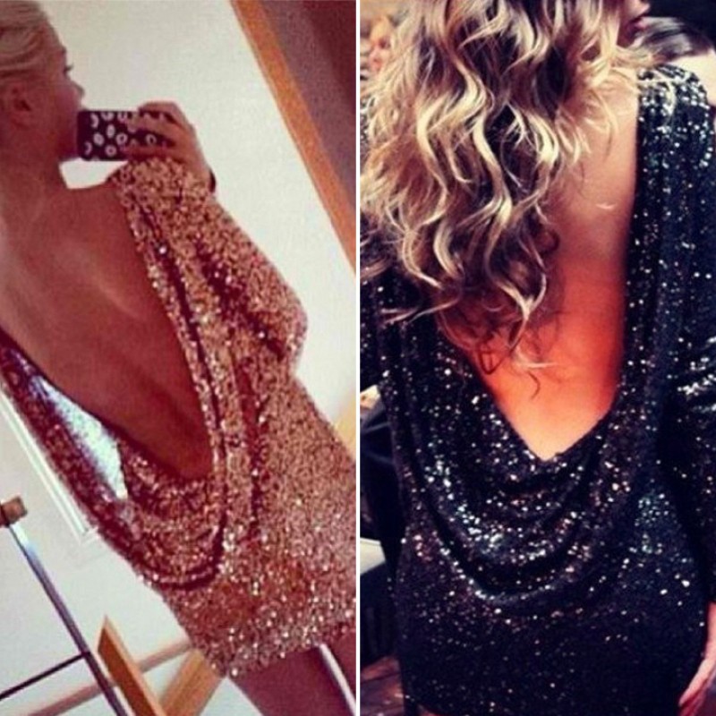ชุดมินิเดรสสั้นเข้ารูปเปิดหลัง แขนยาวตกแต่งเลื่อม มี2สีดำทอง jumpsuit422