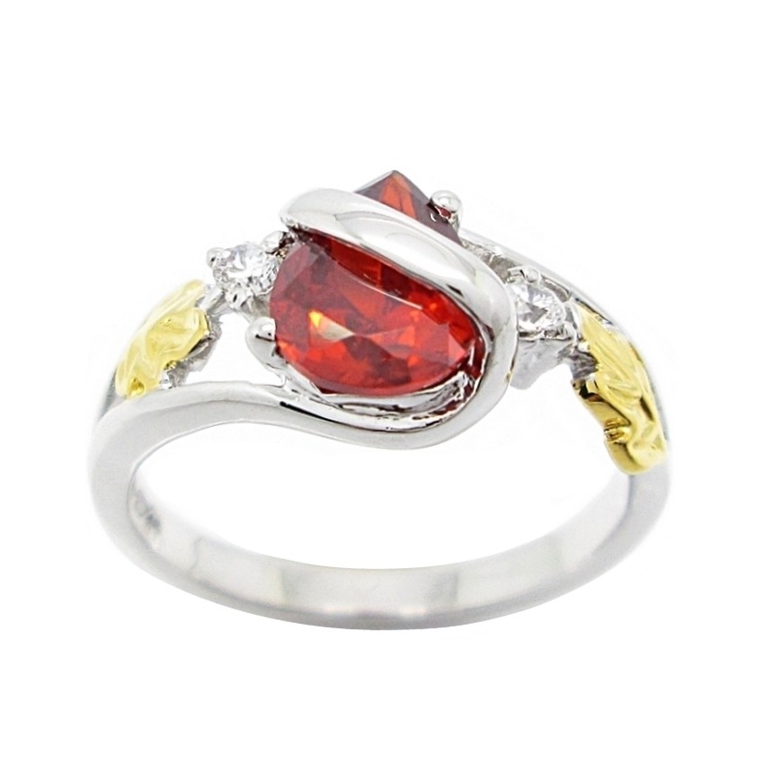 แหวนผู้หญิงมินิมอล แหวนผู้หญิงแฟชั่น แหวนใบไม้ พลอยหยดน้ำ สีแดงโกเมน ชุบทองคำขาว