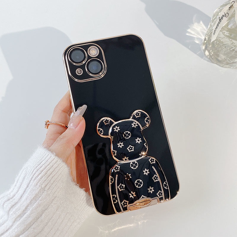 Apple iPhone 16 15 14 13 12 11 Pro Max iPhone X XS XR สูงสุด 14 7 8 6 6s Plus มินิชุบสแควร์การ์ตูนหมีขาตั้งเคสโทรศัพท์นุ่มสแควร์ขอบกลับคลุมทั้งหมด