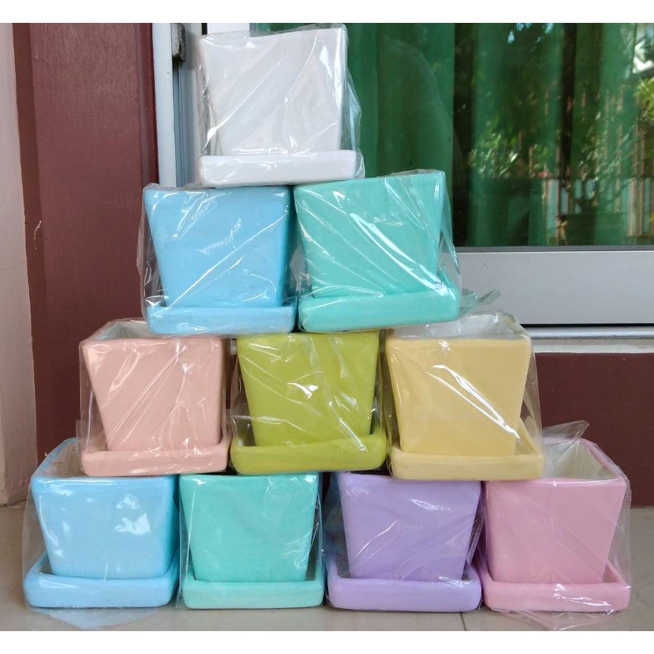 กระถางปลูก เซรามิกดินเผา 3.3-3.5 นิ้ว สีพาสเทล  สามารถนำไปวาดลาย DIY ได้ตามความต้องการ พร้อมจานรอง (สินค้าพร้อมส่ง)