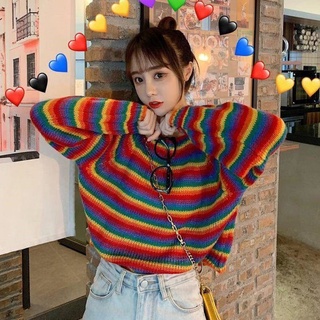 🟨🟪 เสื้อสเวตเตอร์ผ้าถักลายทางสีรุ้งสำหรับผู้หญิงสไตล์ญี่ปุ่น เสื้อสเวตเตอร์สายรุ้งผู้หญิง พร้อมส่งจ้า!!!!