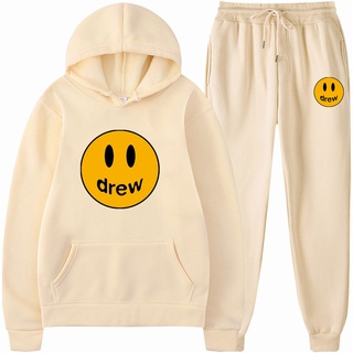 Justin Bieber Drew House Hoodie ชุดผู้ชายผู้หญิงหลวม Plus ขนาดยิ้มพิมพ์เสื้อ + กางเกงขายาว 2 ชิ้นแฟชั่น Casual streetwear ชุดคู่