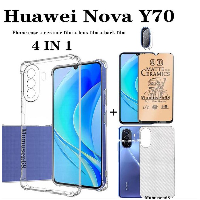 4 in 1 สําหรับ Huawei nova Y70 Y70 Plus Y90 nova 9 SE 8i 7i โปร่งใสกันกระแทกเคสโทรศัพท์ + เซรามิคป้อ