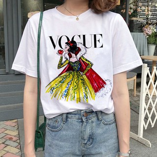 vogue เสื้อยืดสตรีคอกลมสีขาวพิมพ์ลายตัวอักษรหิมะ