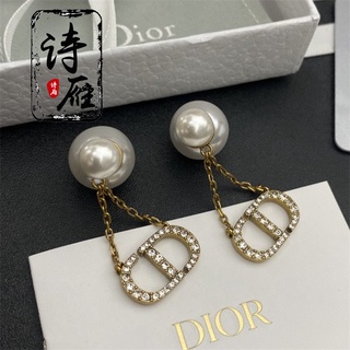 Dior/dior 22SS ใหม่ ต่างหูโซ่ จี้ตัวอักษร CD ประดับมุก ขนาดเล็ก ขนาดใหญ่ สําหรับผู้หญิง