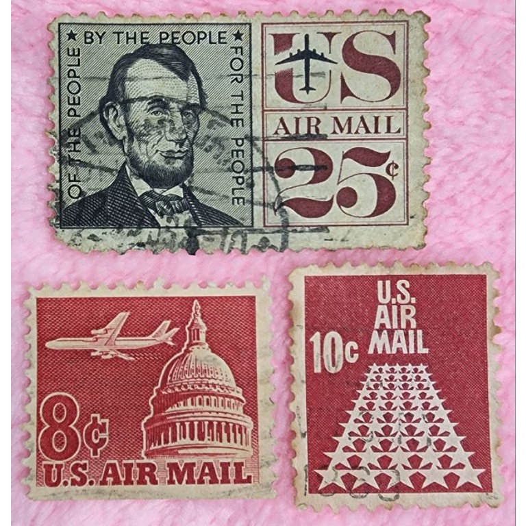 แสตมป์เก่า US Air Mail จำนวน 3 ดวงผ่านการใช้งานแล้ว