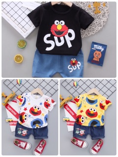 Imageshop_🐻ชุดเด็ก เสื้อผ้าเด็ก sesame street ชุดเสื้อ+กางเกงเอลโม่ 🐻
