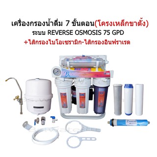 เครื่องกรองน้ำดื่ม 7 ขั้นตอน ระบบ Reverse Osmosis 75GPD(โครงเหล็กขาตั้ง)