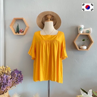 🇰🇷 Youkki เสื้อมือสอง แบรนด์เกาหลีแท้💯% Size F (อก 44”) สีเหลือง💛 แขนกระดิ่ง ผูกหลัง น่ารัก