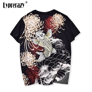 Lyprerazy เสื้อยืดลําลอง แขนสั้น คอกลม ปักลายดอกเบญจมาศ ปลาคาร์พ สไตล์ญี่ปุ่น ฮาราจูกุ สําหรับผู้ชาย