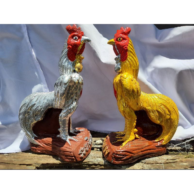 ไก่ชนแก้บนไก่แก้บนไอ้ไข่วัดเจดีย์สีเงินทองตัวหนังสือ รวยเงินรวยทองสูง 22-28cm ราคาคู่ละ 149-209 บาทแถมฟรีทุกขอหวย