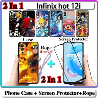 2 IN 1 เคส Infinix hot 12i พร้อมกระจกนิรภัยกันรอยหน้าจอโค้ง เซรามิค ลายนารูโตะ และ One Piece