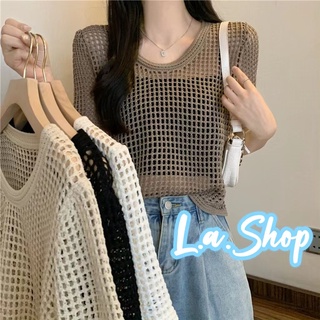 L.A Shop พร้อมส่ง เสื้อถักไหมพรม แขนสั้นคอกลม ตาข่ายเล็กๆน่ารักมาก "73178" -C