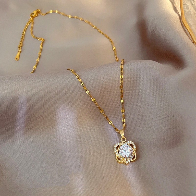 OYJR สร้อยคอสแตนเลส  ทอง 18k จี้รูปหัวใจคู่ ประดับเพชร หรูหรา เครื่องประดับแฟชั่น สําหรับผู้หญิง ราคา ถูกที่สุด ดีลบีเคเค แกลเลอรีภาพที่ 2