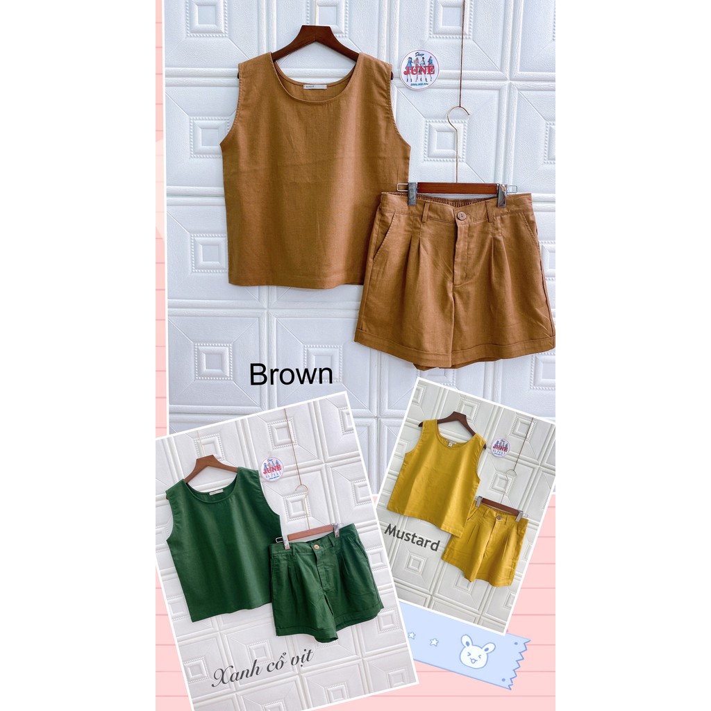 [JUNE LINEN] S00- FULLSIZE Linen Set หลากสี - เสื้อกล้ามคอกลมและสั้นมีกระเป๋า 2 ข้าง - สินค้าดีไซเนอ