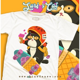 [S-5XL]" Surf sCAT " Beginer- T-shirt เสื้อยืดคุณภาพ ลายแมวดำเล่นเซิร์ฟสเก็ต จาก LineCense