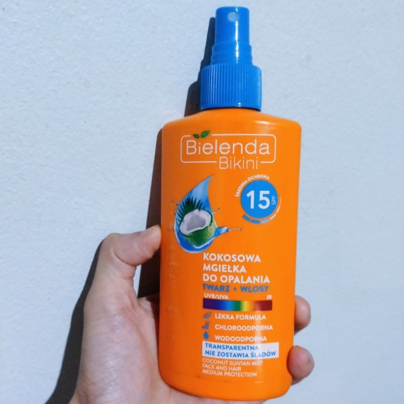 ออยล์อาบแดด น้ำมันมะพร้าว จากโปแลนด์ Bielenda Bikini Coconut sun tan mist Face Hair spf15 Sunscreen 