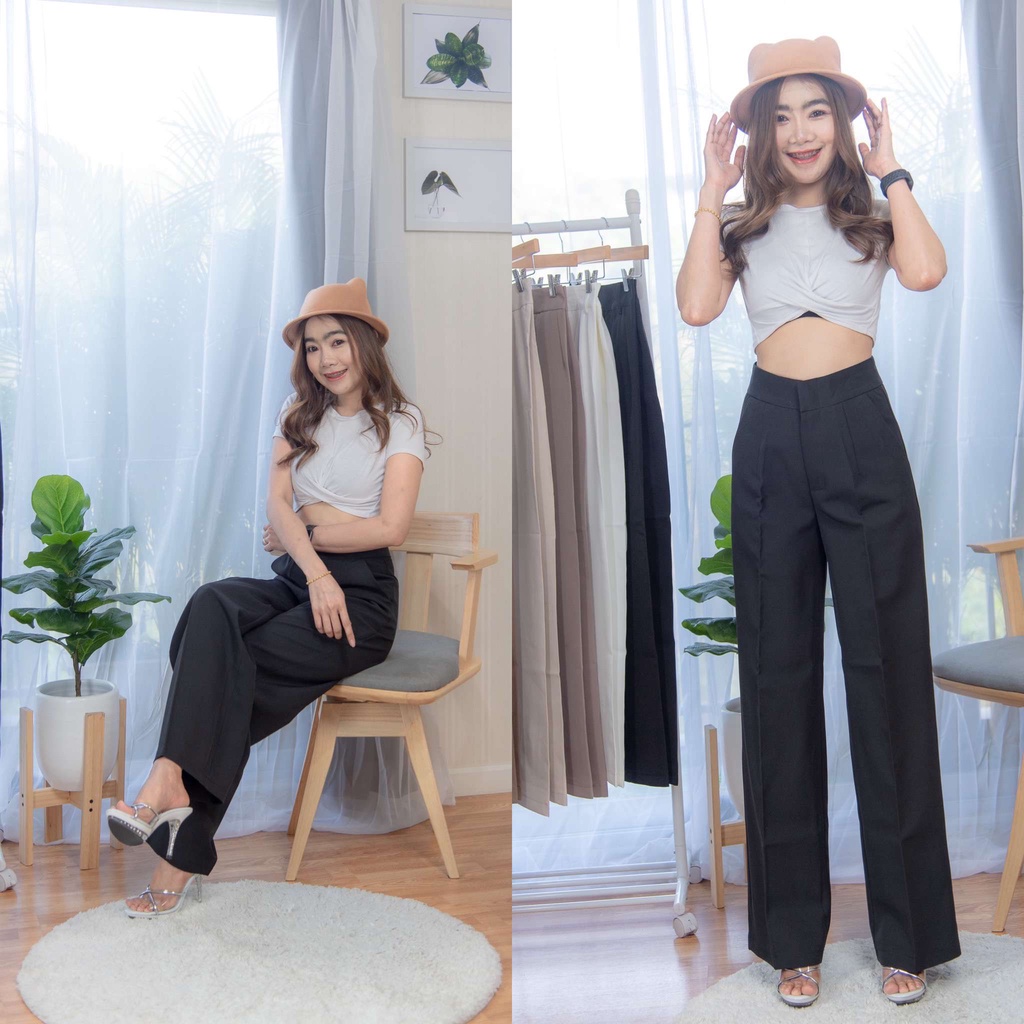 กางเกงผู้หญิง ขากระบอกกลาง เอวสูง ขอบเอวเรียบ สีดำ
