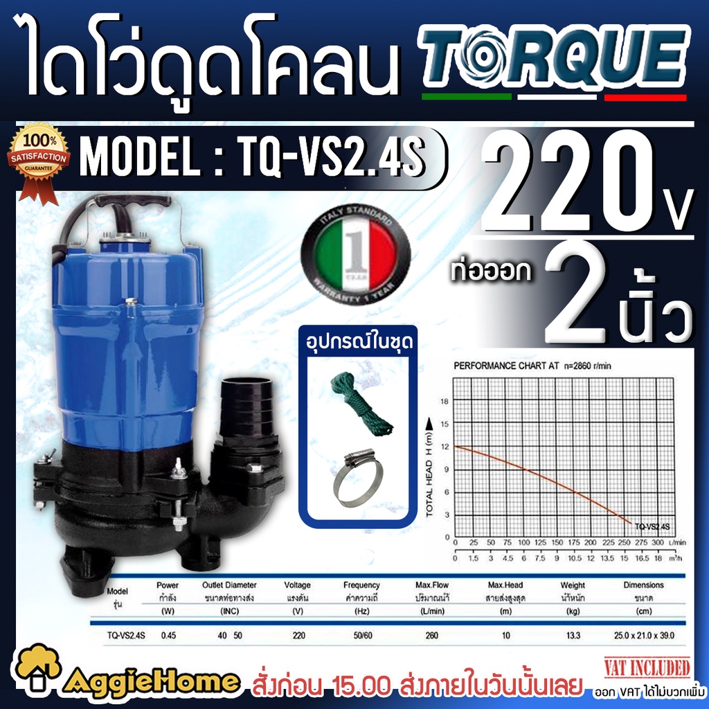 TORQUE ไดโว่ ดูดโคลน รุ่นTQ-VS2.4S 220V. กำลัง 450วัตต์ / ท่อ 2นิ้ว / ปั๊มสูบน้ำเสีย ไดโว่ ปั๊มแช่