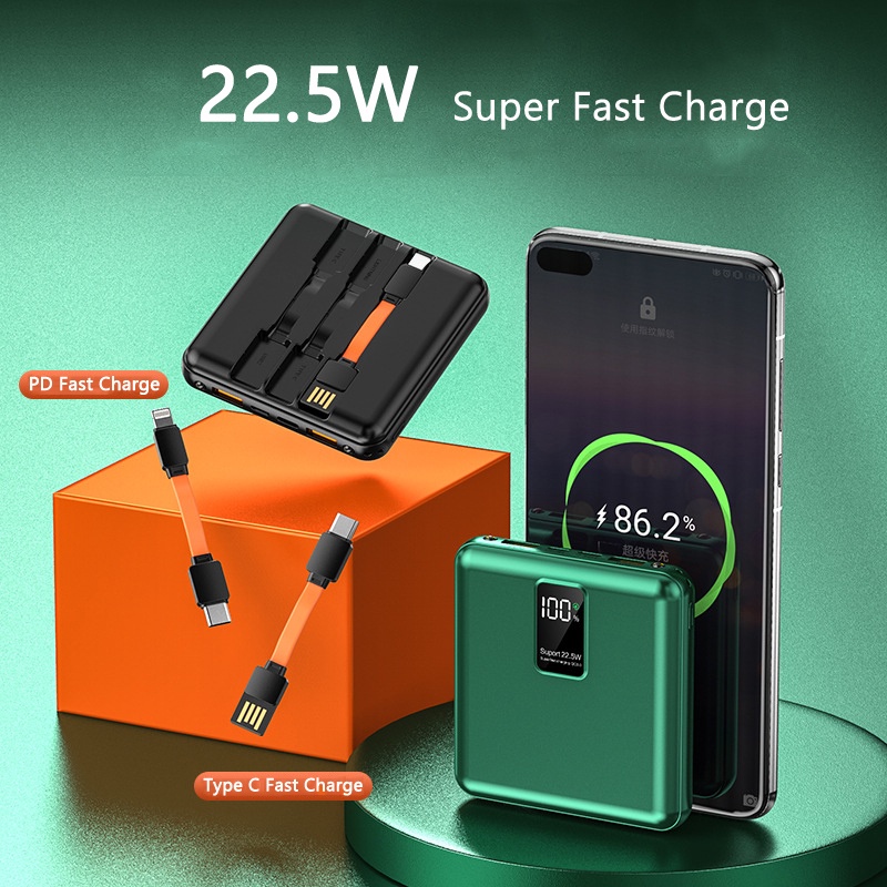 ☎﹍Mini Power Bank 20000mAh PD 22.5W Fast Charging for Huawei P40 Powerbank Built in Cable Portable Charger iPhone 12 11