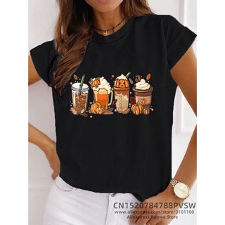 เสื้ เสื้อยืดฮาโลวีน Women Halloween Pumpkin Coffee Latte Drink Cup SpiceS-5XL