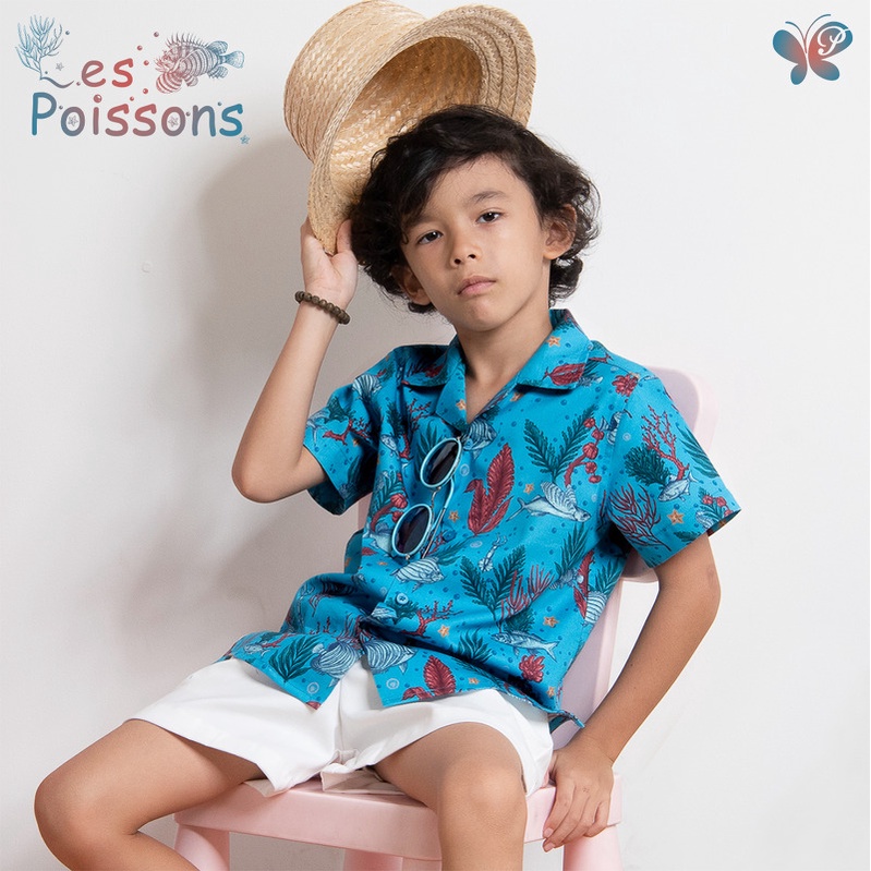 เสื้อเชิ้ตเด็กชาย [Papillon] Boy Premium Twill Summer Shirt - Les Poissons ทรงฮาวายแบบหลวม ใส่สบายจากผ้าฝ้ายผสมเรยอน