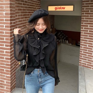 พร้อมส่ง💓 เสื้อเชิ้ต คอปีน แต่งระบาย สไตล์เกาหลี มาใหม่ สีดำ