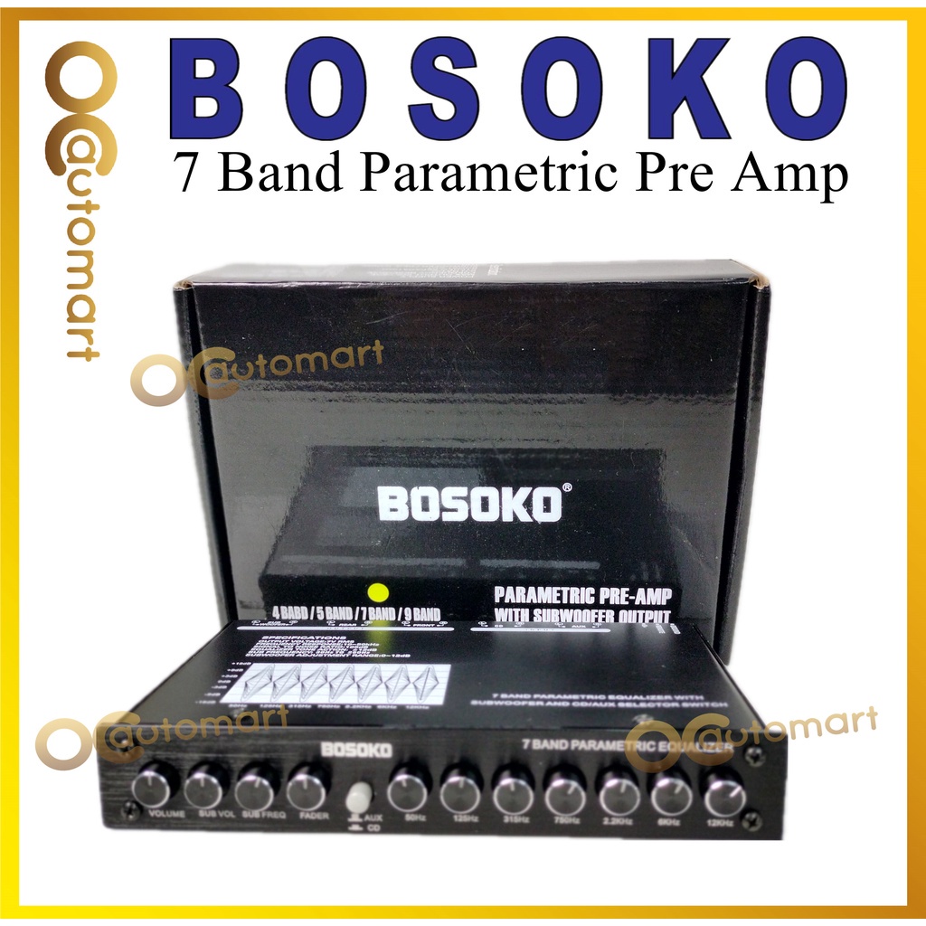 Bosoko 7 Band เครื่องเสียงรถยนต์ Parametric Pre Amp พร้อมซับวูฟเฟอร์เอาต์พุต Preamp Amplifier Equali