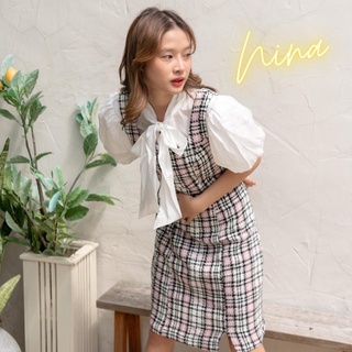 (Chayanista) พร้อมส่ง!ราคา 2ชิ้น/set! 𝐍𝐢𝐧𝐚 ชุดเซ็ตเดรสทวิตชาแนล-เสื้อแขนสั้นผ้าไหมญี่ปุ่น