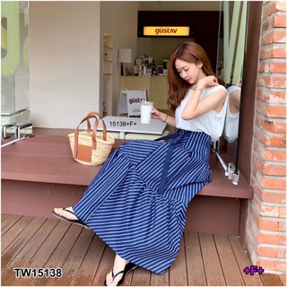 👗Pfashion [ส่งไว!!🚛] P15138 Set 2 ชิ้น เสื้อแขนกุด + กระโปรงริ้วยาวสายหัวเข็มขัด Set of 2 pieces: sleeveless t