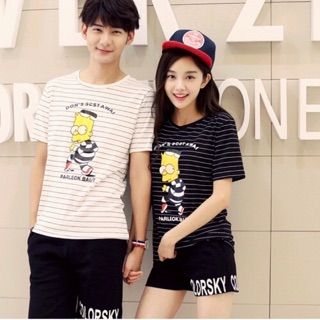 TJเสื้อยืดแฟชั่น คอกลม แขนสั้น ลายขวาง simpson สีขาว ดำ รหัสสินค้า HH9360 ขาว ดำ