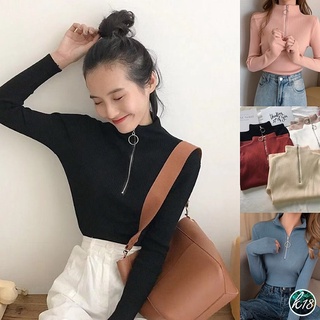 K18💜Korean เสื้อไหมพรมคอเต่า แบบมีซิปหน้า สีพื้น 6 สี