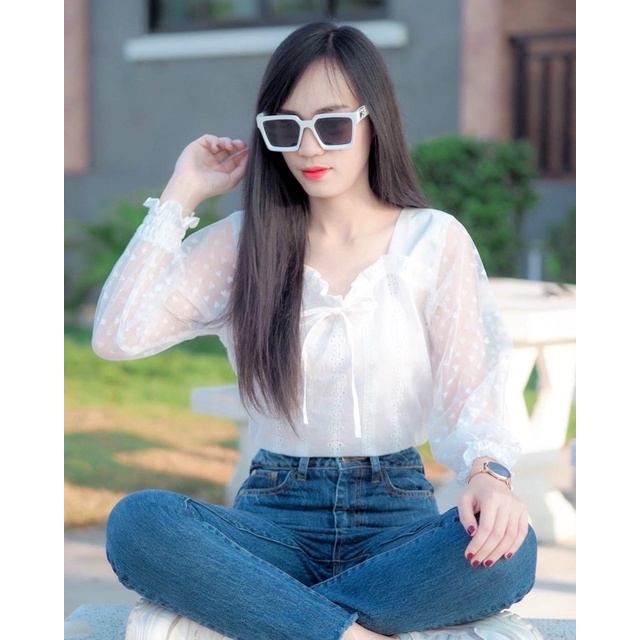 💛mayylody💗 เสื้อลูกไม้ สีขาวแต่งแขนมุ้งซีทรู ปลายแขนสม็อคจั้ม น่ารักคุณหนุดูแพงสุดๆๆๆ