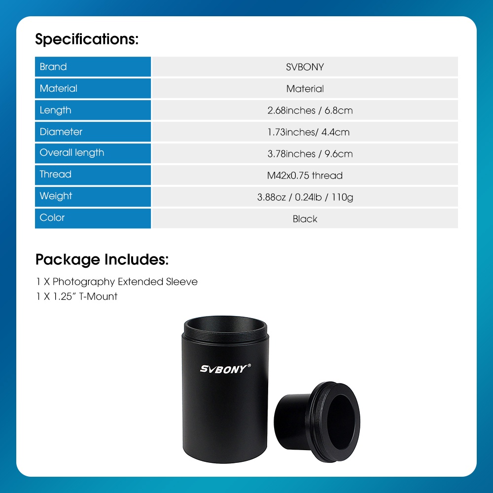 SVBONY CA1 อะแดปเตอร์กล้องโทรทรรศน์ดาราศาสตร์หลอดขยาย SLR กล้องถ่ายภาพแขนโลหะทั้งหมด 1.25 นิ้วเข้ากันได้สำหรับการถ่ายภาพกล้อง DSLR