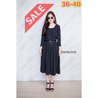SaLe++ (อก36-40) ทองย้อย 11324 มีดี้เดรสแขนยาว สีพื้นดำ ผ้ายืดเรยอนเกาหลี Lovely-Catty
