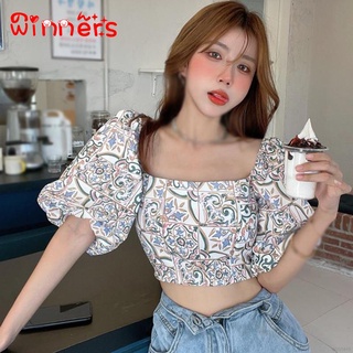 Womens Korean Floral Print Square Collar Shirt Top Chiffon Puff Short Sleeve Shirt Blouse