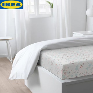 IKEA ASKLÖNN อัสค์เลินน์ ผ้าปูที่นอนรัดมุม ลายดอกไม้ สีขาวและสีเขียว ทอจากฝ้าย 100% ซึ่งเป็นวัสดุธรรมชาติที่ทนทาน