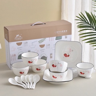  Tableware 14PCS ชุดจานชาม ชุดจานชามเซรามิค ลายสตรอว์เบอร์รี ชามลายเซรามิก จานลายเซรามิคกระเบื้อง