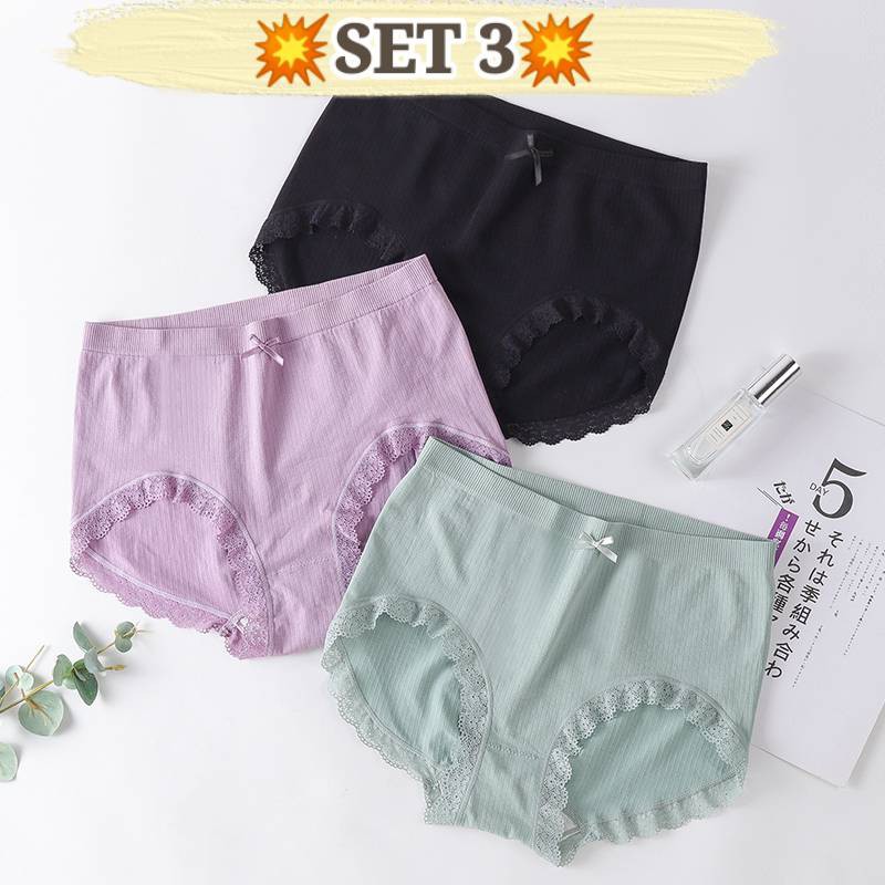 SET 3 ตัว 820L# กางเกงในผ้าทอ BIG SIZE ผ้าทอเอวสูง ใส่สบาย นิ่ม ขาลูกไม้คละสีได้ พร้อมส่ง