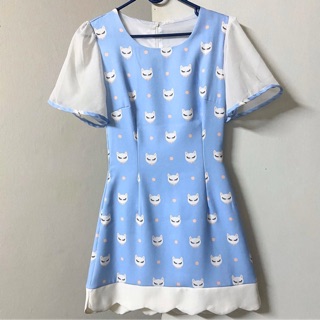 Cute Cat Light Blue Dress เดรส ลายแมว