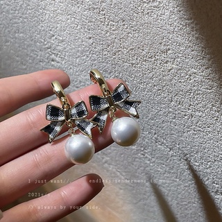 925 silver needle houndstooth bow pearl earrings autumn and winter temperament earrings all-match retro plaid earrings f