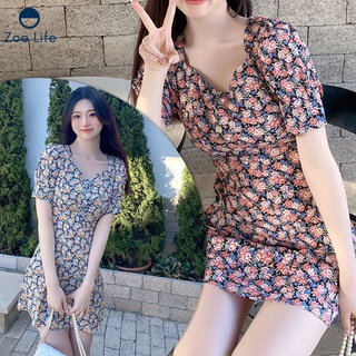 เดรสมินิเปิดสะโพกหลังเล็กน้อย เดรสเเฟชั่นลายดอกไม้ เดรสลายดอกมินิเหนือเข่า เดรสเเฟชั่นพร้อมส่ง เดรสลายดอก